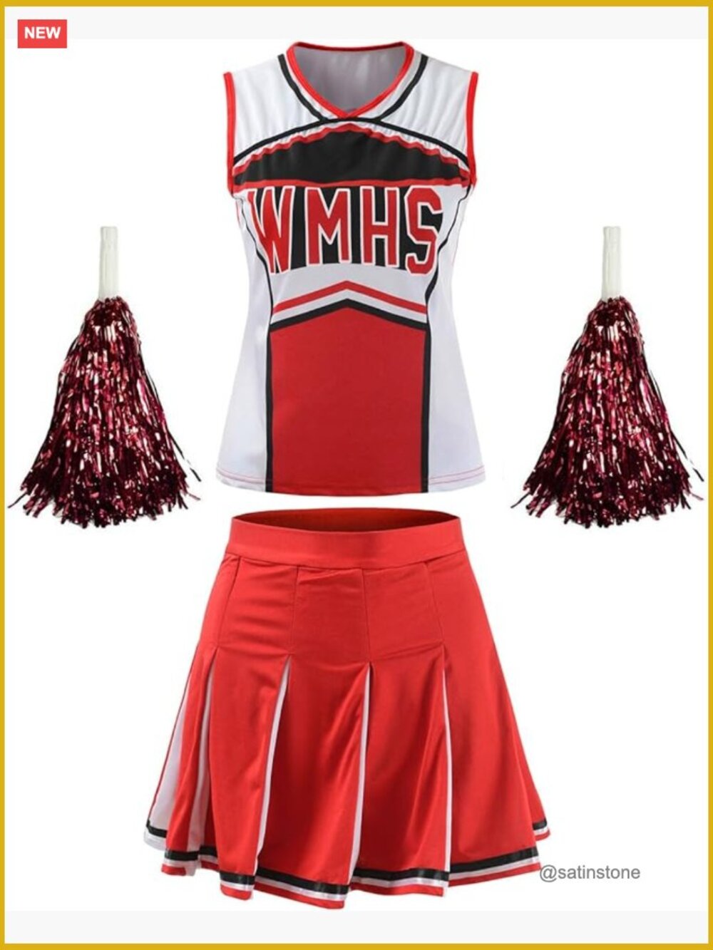 Red Long Sleeve Cheerleader Costume Dress Top and Skirt Set with Pom Poms